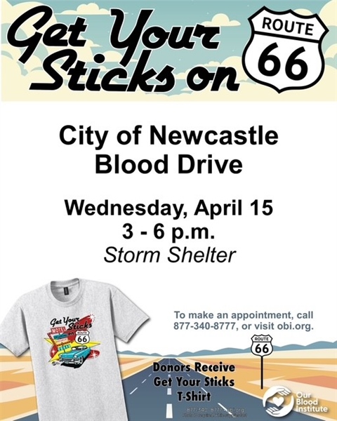 City of Newcastle to Host "Get Your 'Sticks' on Route 66" Blood Drive April 15